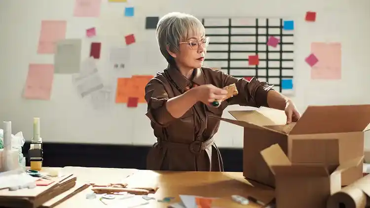 Mujer mayor embalando una caja
