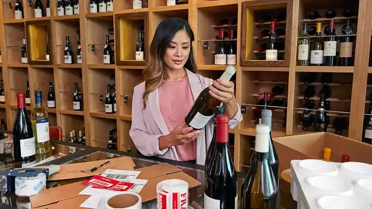 Mujer mirando una botella de vino en una tienda