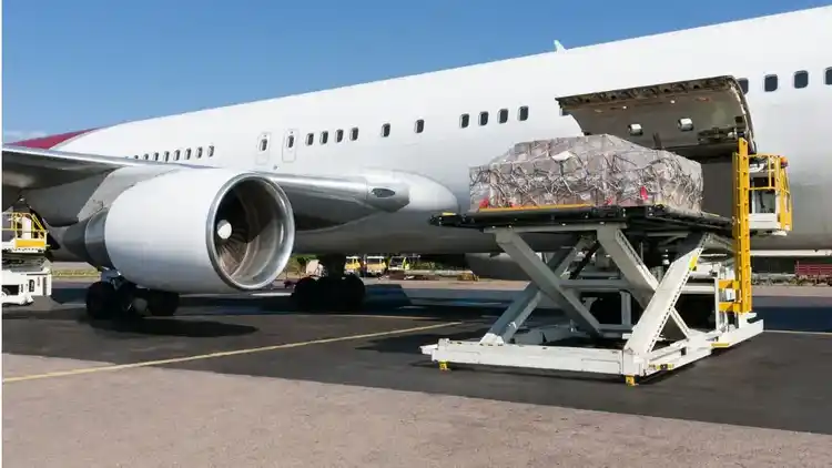 Cargo freight being loaded into an airplane