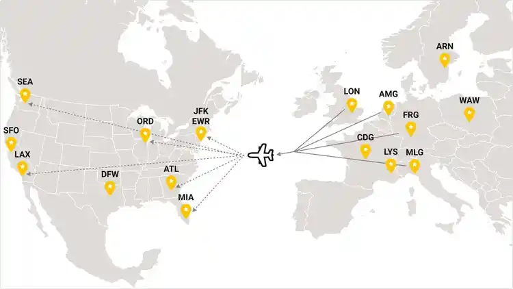 Map showing the different UPS air ports in the US and EU