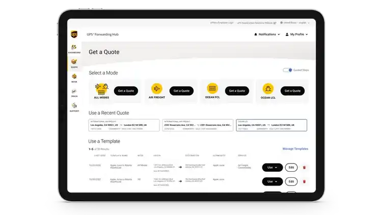 UPS Forwarding Hub quoting feature displayed on a tablet